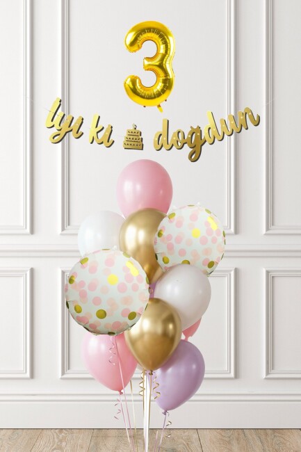 Pembe Gold Kız Doğum Günü Parti Konsepti Balon Banner Seti - 9