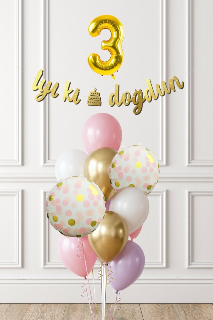 Pembe Gold Kız Doğum Günü Parti Konsepti Balon Banner Seti - 9