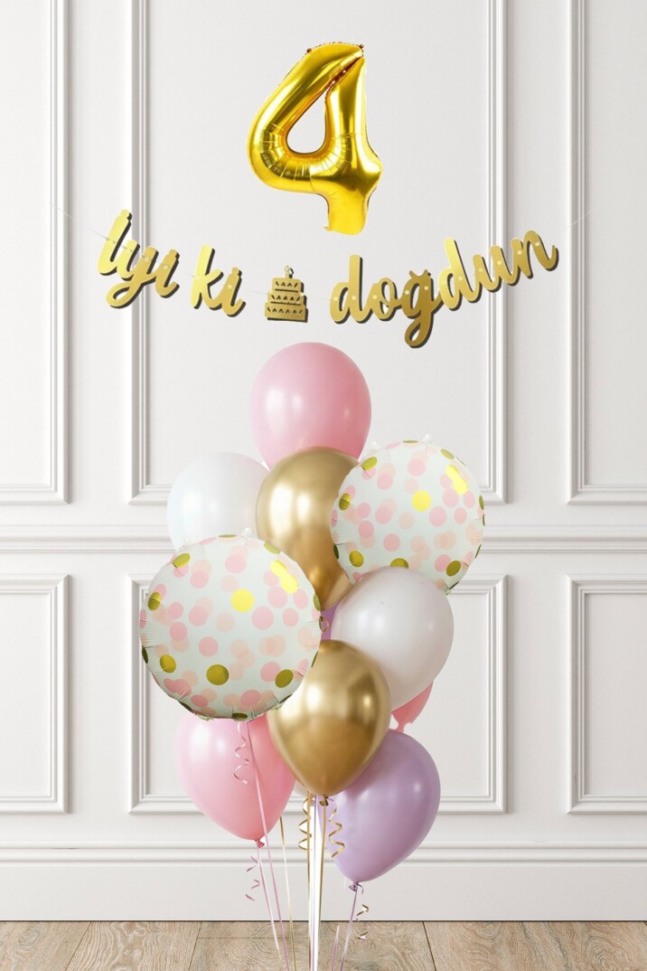 Pembe Gold Kız Doğum Günü Parti Konsepti Balon Banner Seti - 13