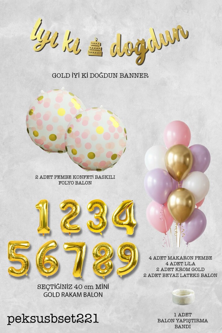 Pembe Gold Kız Doğum Günü Parti Konsepti Balon Banner Seti - 14