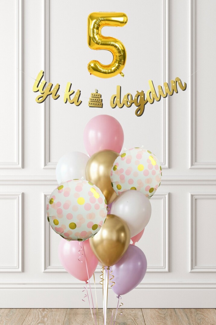 Pembe Gold Kız Doğum Günü Parti Konsepti Balon Banner Seti - 17