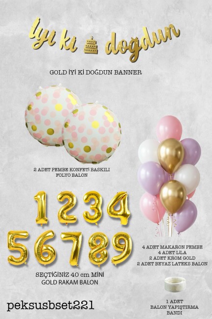 Pembe Gold Kız Doğum Günü Parti Konsepti Balon Banner Seti - 22