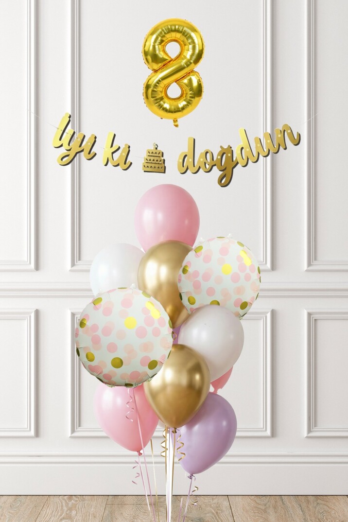 Pembe Gold Kız Doğum Günü Parti Konsepti Balon Banner Seti - 29