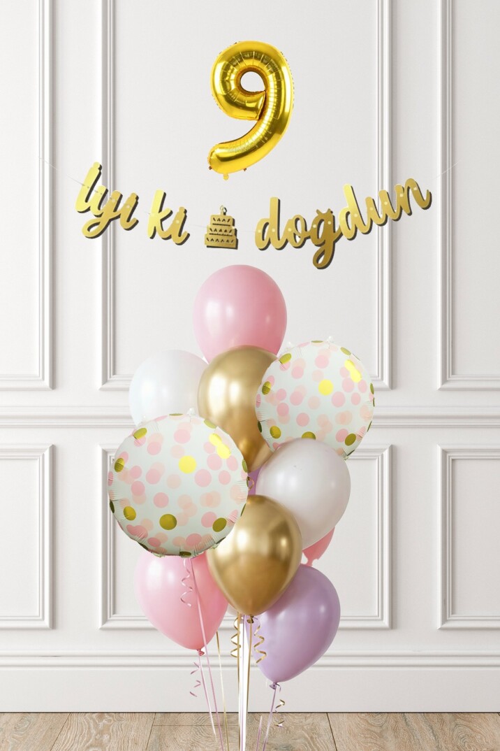 Pembe Gold Kız Doğum Günü Parti Konsepti Balon Banner Seti - 33