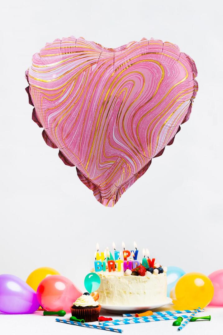 Pembe Mermer Kalp Folyo Balon Retro Balon Kalp Şekilli 18inç 45cm - 2
