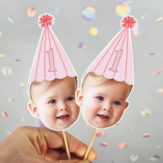 Pembe Şapkalı Yaş Yazılı Fotoğraflı Kürdan Süsü (10lu paket)