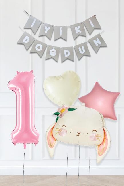 Pembe Soft Renkler İyi Ki Doğdun Banner Pembe Yaş Balon Tavşan Doğum Günü Balon Seti - 1