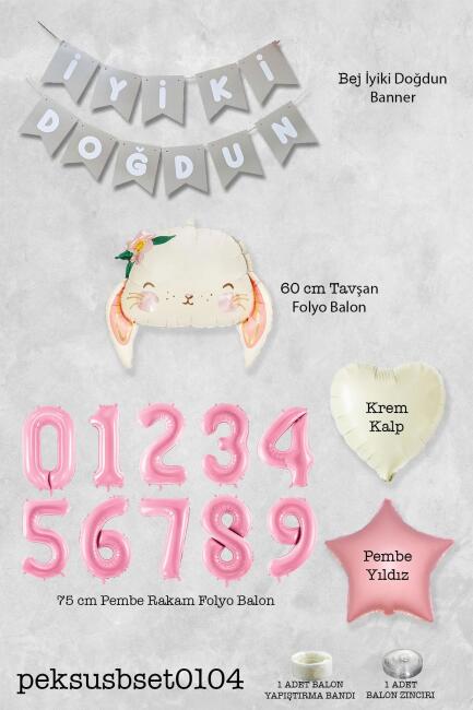 Pembe Soft Renkler İyi Ki Doğdun Banner Pembe Yaş Balon Tavşan Doğum Günü Balon Seti - 10