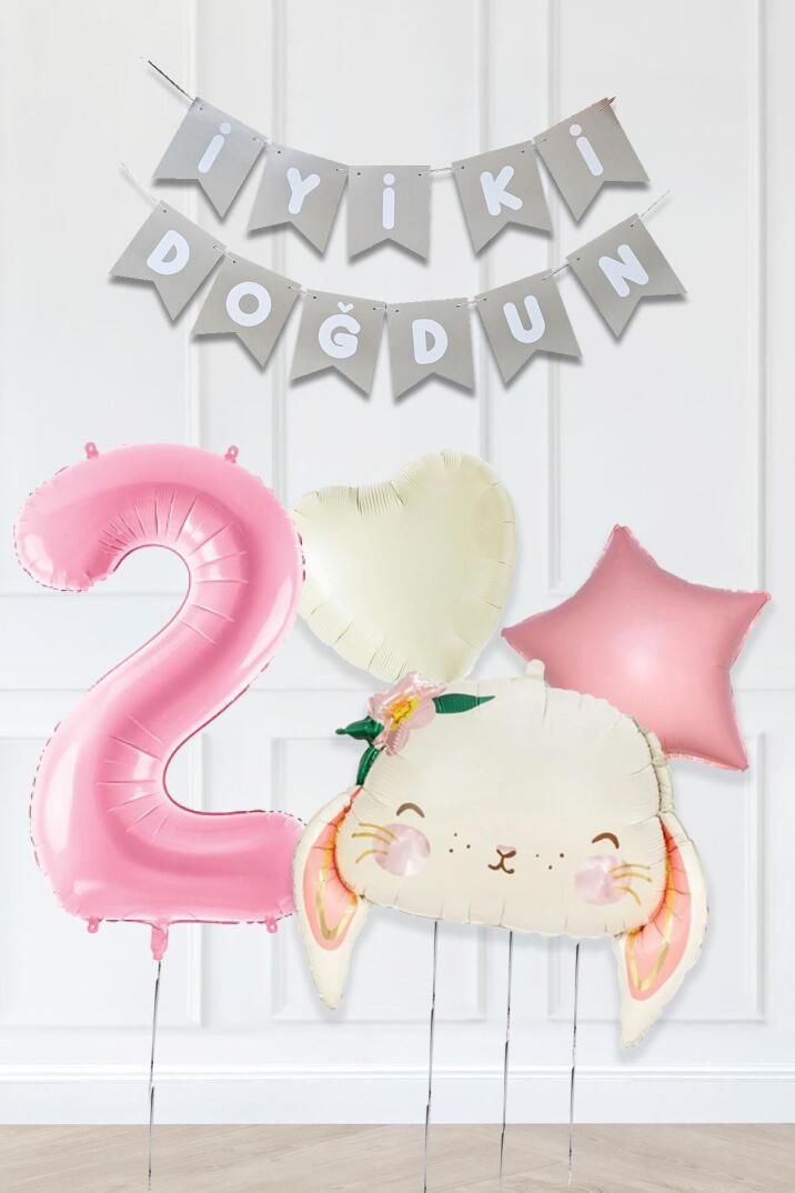 Pembe Soft Renkler İyi Ki Doğdun Banner Pembe Yaş Balon Tavşan Doğum Günü Balon Seti - 2