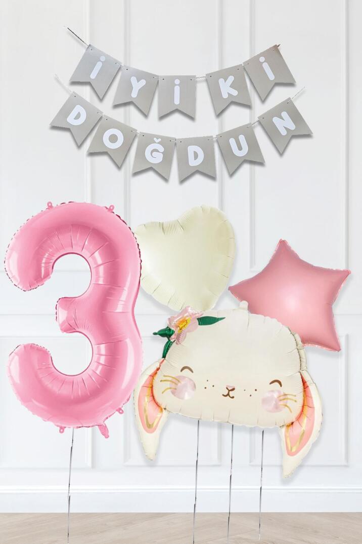 Pembe Soft Renkler İyi Ki Doğdun Banner Pembe Yaş Balon Tavşan Doğum Günü Balon Seti - 3