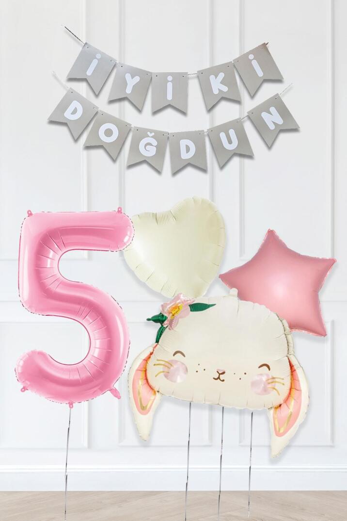 Pembe Soft Renkler İyi Ki Doğdun Banner Pembe Yaş Balon Tavşan Doğum Günü Balon Seti - 5