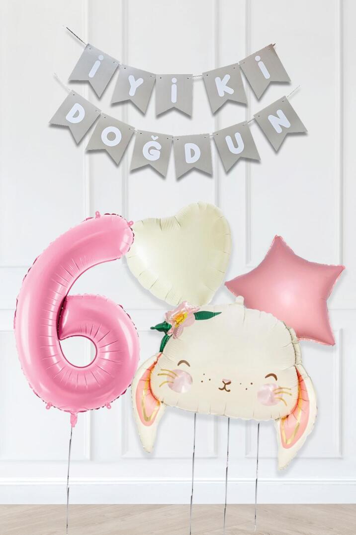 Pembe Soft Renkler İyi Ki Doğdun Banner Pembe Yaş Balon Tavşan Doğum Günü Balon Seti - 6