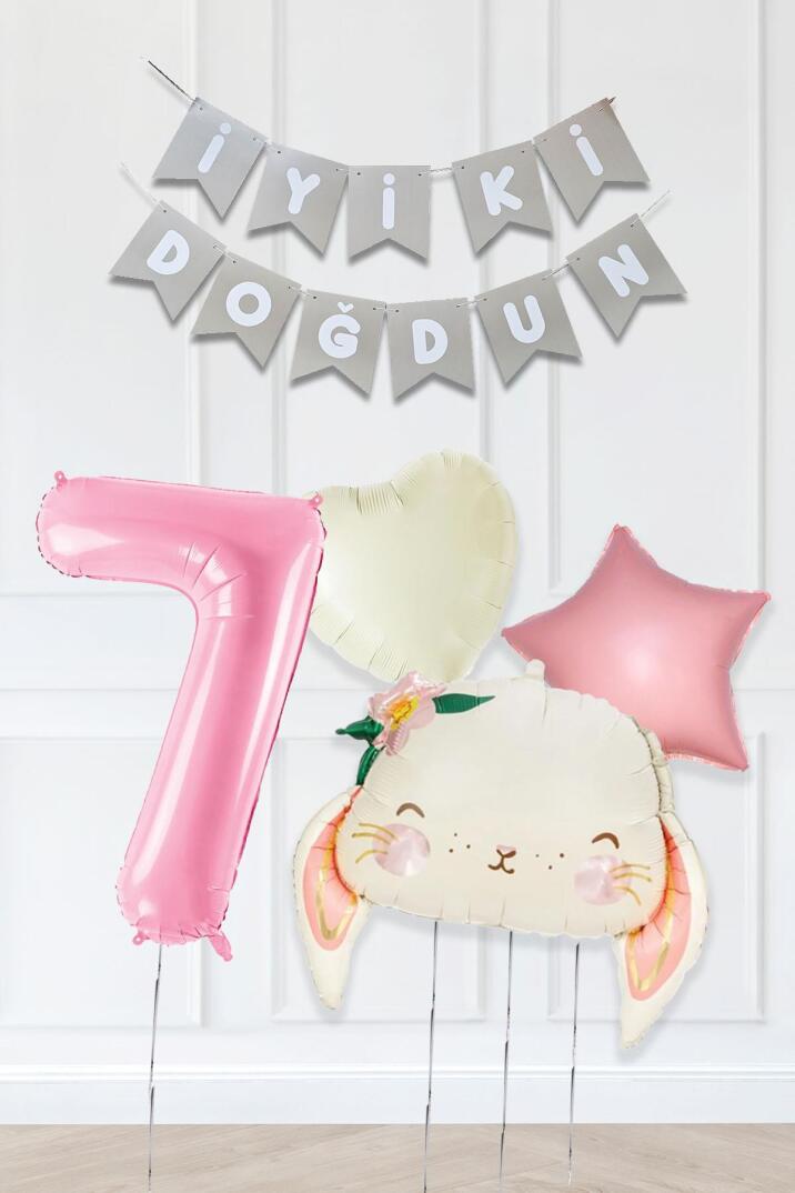Pembe Soft Renkler İyi Ki Doğdun Banner Pembe Yaş Balon Tavşan Doğum Günü Balon Seti - 7