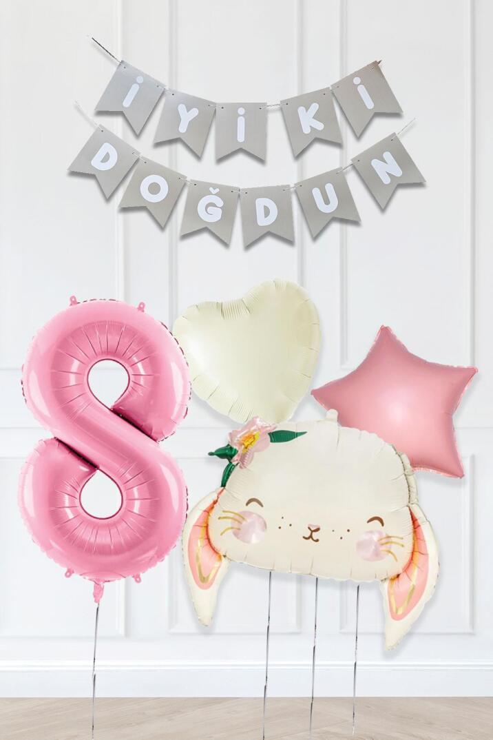 Pembe Soft Renkler İyi Ki Doğdun Banner Pembe Yaş Balon Tavşan Doğum Günü Balon Seti - 8