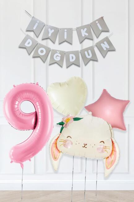 Pembe Soft Renkler İyi Ki Doğdun Banner Pembe Yaş Balon Tavşan Doğum Günü Balon Seti - 9