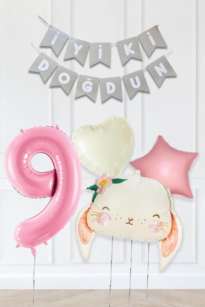 Pembe Soft Renkler İyi Ki Doğdun Banner Pembe Yaş Balon Tavşan Doğum Günü Balon Seti - 9