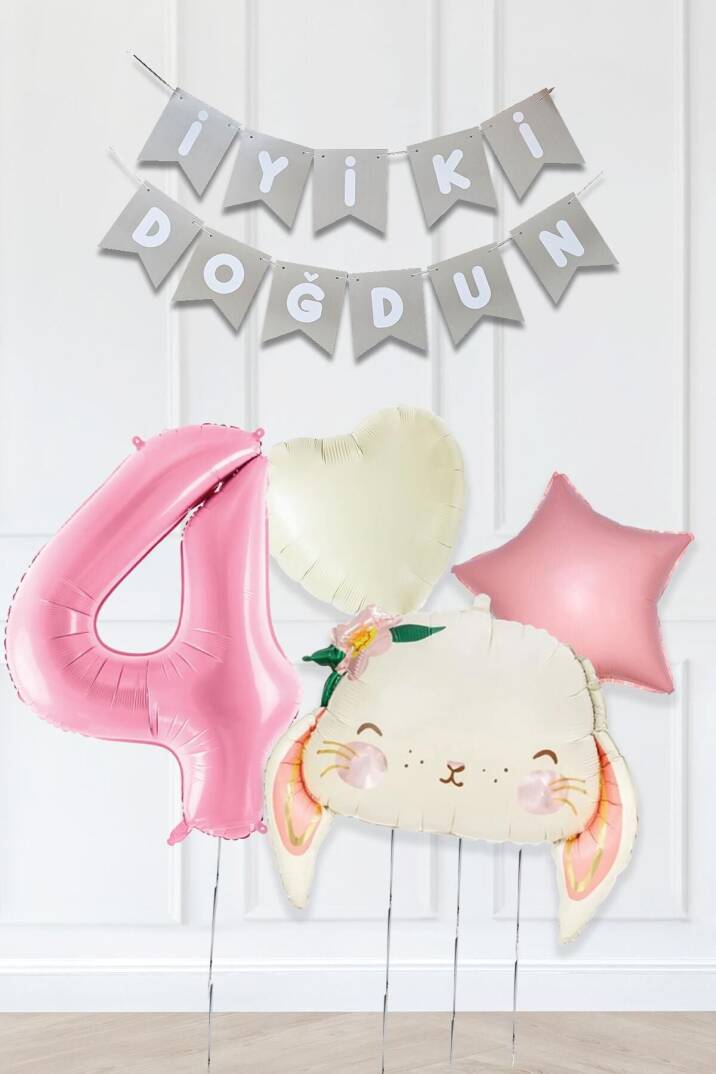Pembe Soft Renkler İyi Ki Doğdun Banner Pembe Yaş Balon Tavşan Doğum Günü Balon Seti - 5