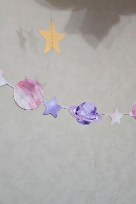 Pembe Uzay Gezegenler Banner Kız Uzay Tema Doğum Günü Süsleri İpe Dizili Kartlar Duvar Süsü - 3