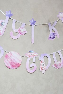 Pembe Uzay İyi Ki Doğdun Banner Kız Uzay Tema Doğum Günü Süsleri İpe Dizili Kartlar Duvar Süsü - 2