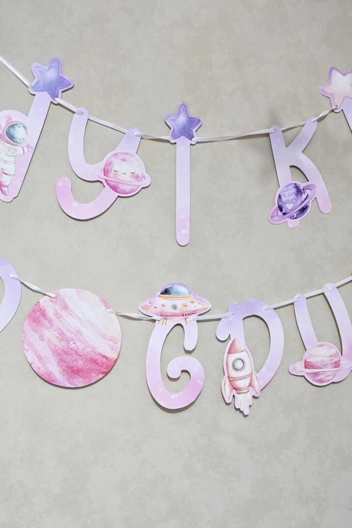 Pembe Uzay İyi Ki Doğdun Banner Kız Uzay Tema Doğum Günü Süsleri İpe Dizili Kartlar Duvar Süsü - 2