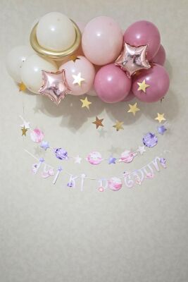 Pembe Uzay Konsept Bannerlı Doğum Günü Balon Zinciri Seti - 1