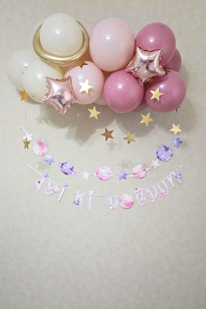 Pembe Uzay Konsept Bannerlı Doğum Günü Balon Zinciri Seti - 1