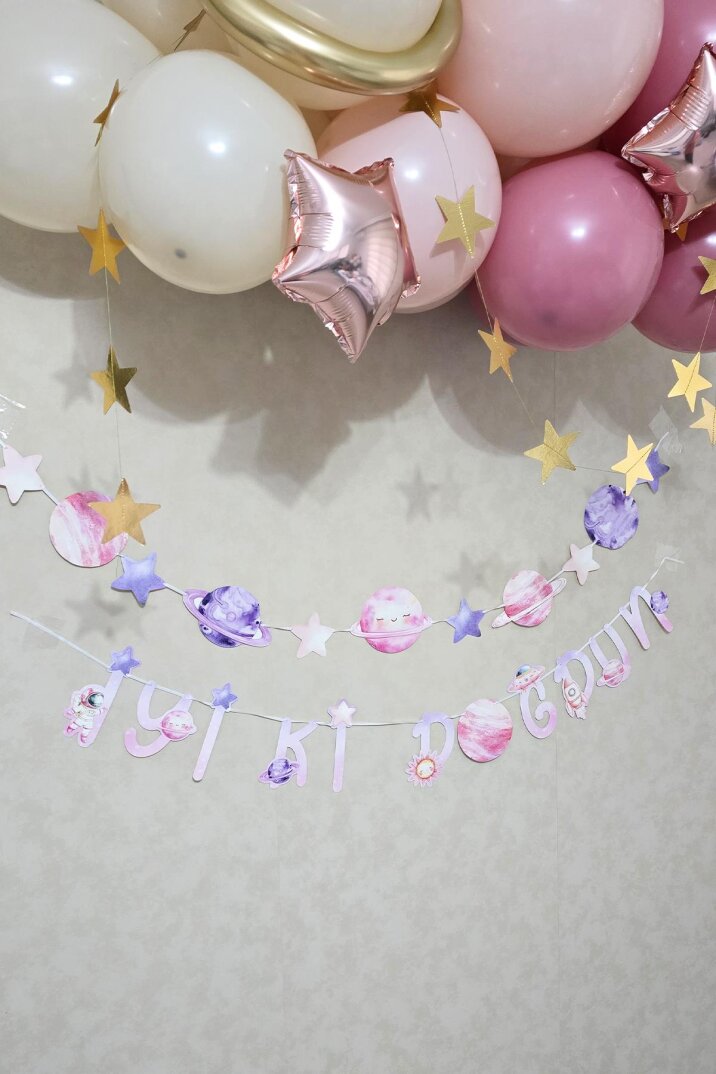 Pembe Uzay Konsept Bannerlı Doğum Günü Balon Zinciri Seti - 3