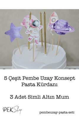 PEMBE Uzay Konsept Pasta Süsleri Seti Pasta Mumu ve Pasta Kürdanları Süsleme Seti 8 Parça - 2