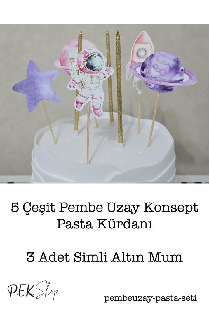 PEMBE Uzay Konsept Pasta Süsleri Seti Pasta Mumu ve Pasta Kürdanları Süsleme Seti 8 Parça - 2