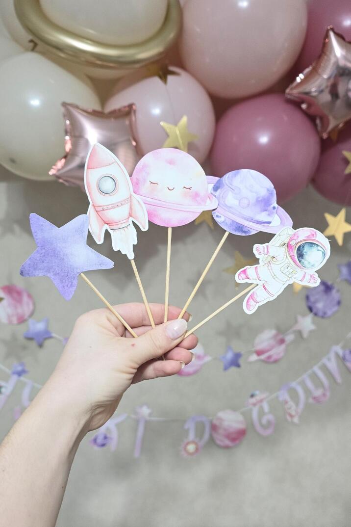 PEMBE Uzay Tema Kürdan Süsleri Cupcake Süsleri Lüks Büyük Boy 10lu Paket - 1