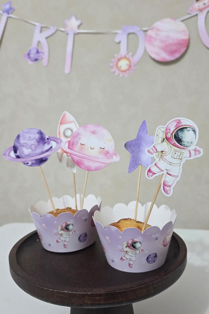 PEMBE Uzay Tema Kürdan Süsleri Cupcake Süsleri Lüks Büyük Boy 10lu Paket - 2