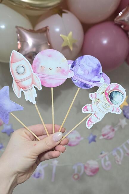 PEMBE Uzay Tema Kürdan Süsleri Cupcake Süsleri Lüks Büyük Boy 10lu Paket - 3