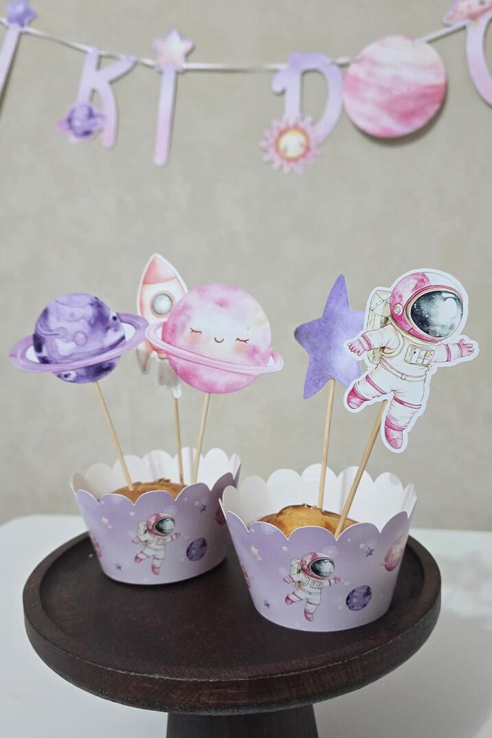 PEMBE Uzay Tema Kürdan Süsleri Cupcake Süsleri Lüks Büyük Boy 10lu Paket - 4