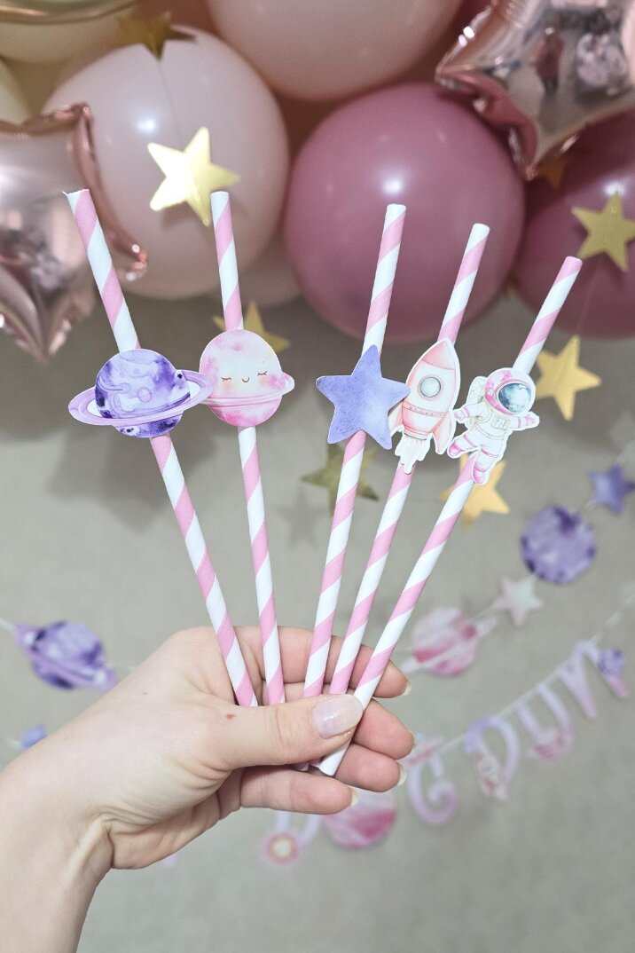 PEMBE Uzay Tema Pipet Süsleri 10lu Kız Uzay Konsept Lüks Pipet Paketi - 1