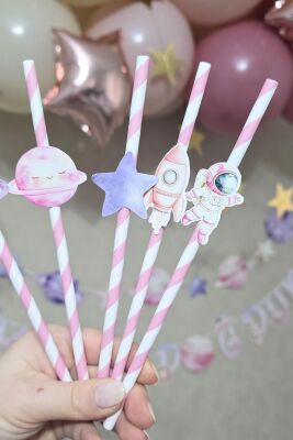 PEMBE Uzay Tema Pipet Süsleri 10lu Kız Uzay Konsept Lüks Pipet Paketi - 2