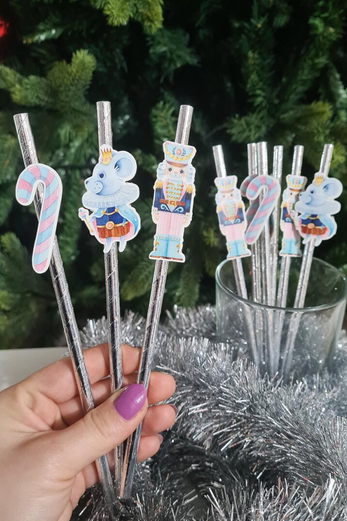 Pembe Yılbaşı Kurşun Asker Baston Şeker Süslü Pipetler 10lu Pipet Paketi - 1