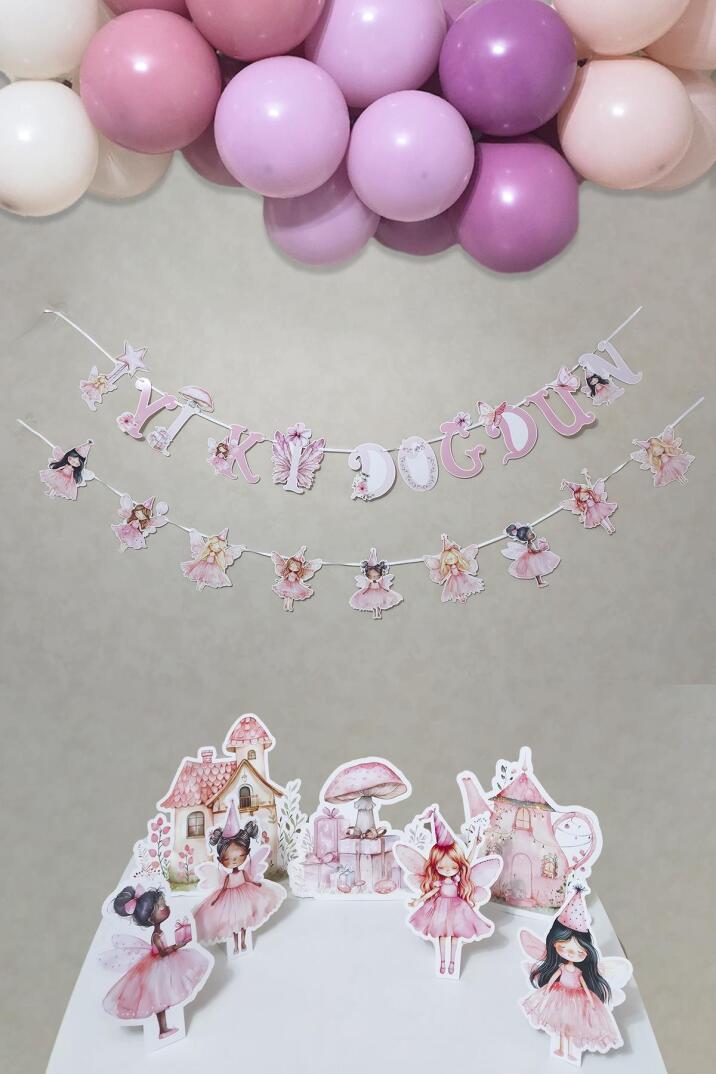 Peri Kızı Temalı Doğum Günü Süsleme Seti Banner ve Masa Üstü Panolu Balon Zinciri Seti - 1