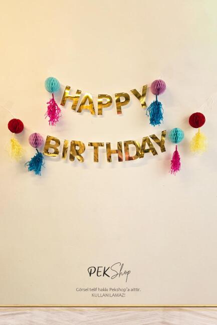 Petekli Püsküllü Gold Happy Birthday Banner Süs Seti Doğum Günü Duvar Süsü - 1