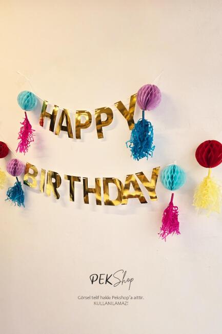 Petekli Püsküllü Gold Happy Birthday Banner Süs Seti Doğum Günü Duvar Süsü - 2