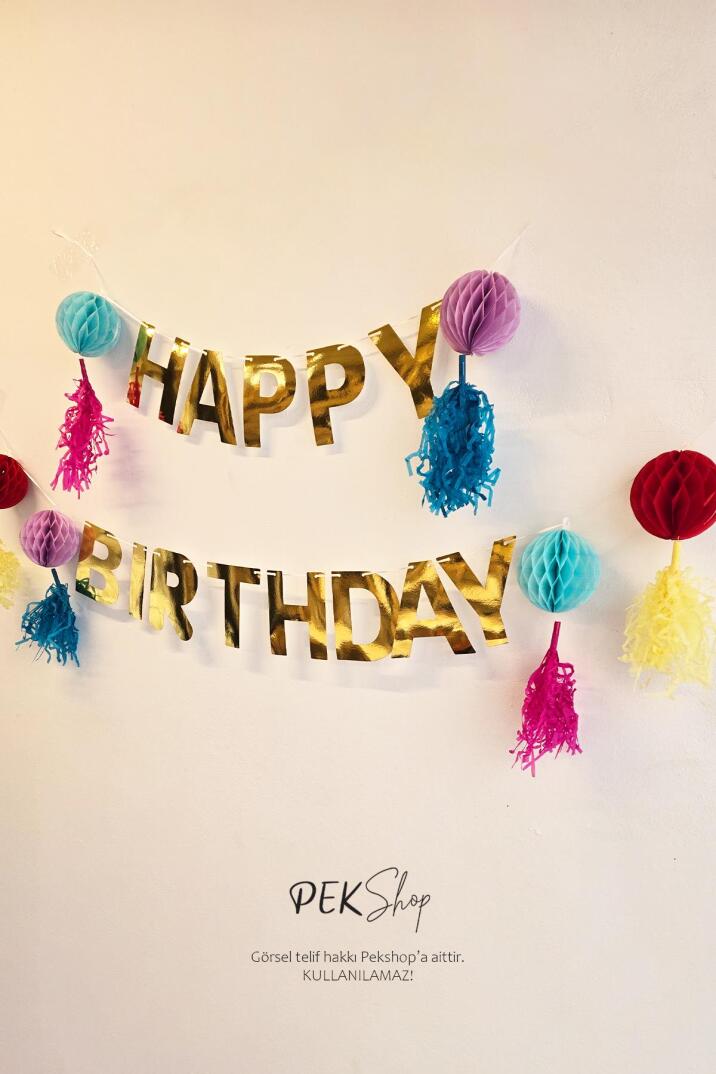Petekli Püsküllü Gold Happy Birthday Banner Süs Seti Doğum Günü Duvar Süsü - 2