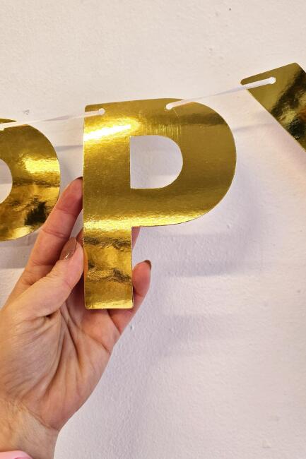 Petekli Püsküllü Gold Happy Birthday Banner Süs Seti Doğum Günü Duvar Süsü - 4