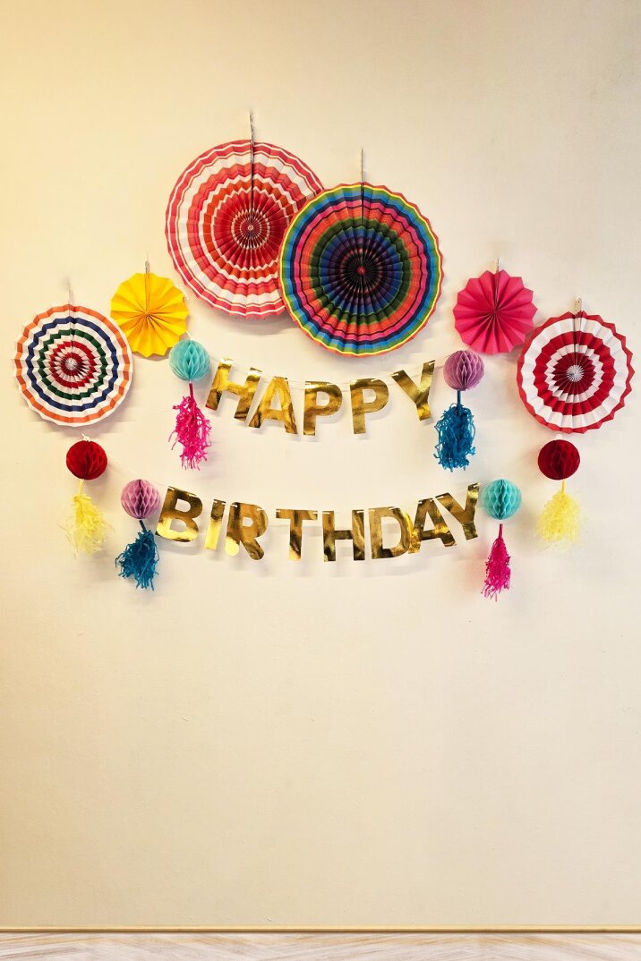Petekli Püsküllü Gold Happy Birthday Banner Süs ve Retro Yelpaze Duvar Süsleri Seti Doğum Günü Duvar Süsü - 1