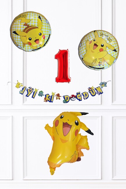 Pikachu Konsept Balon Seti Yuvarlak Balon ve Bannerlı Pokemon Tema Doğum Günü Set283