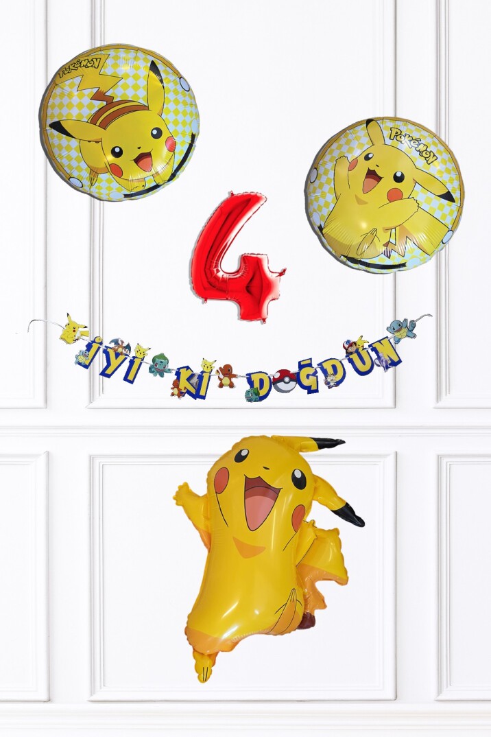 Pikachu Konsept Balon Seti Yuvarlak Balon ve Bannerlı Pokemon Tema Doğum Günü Set283 - 7