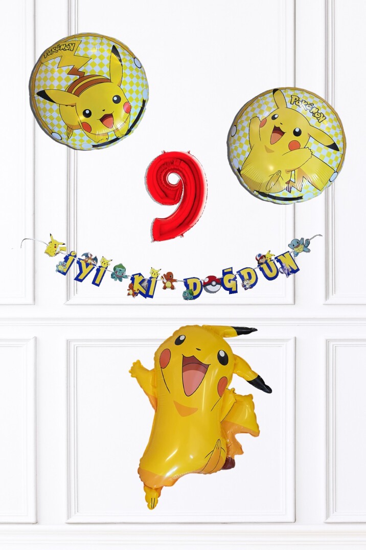 Pikachu Konsept Balon Seti Yuvarlak Balon ve Bannerlı Pokemon Tema Doğum Günü Set283 - 17