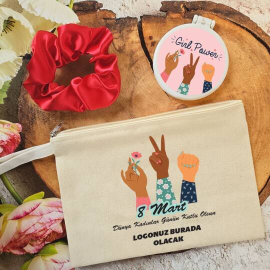 Plastik Aynalı Kadınlar Günü Hediye Seti Girl Power 8 Mart Hediyelik Ayna Toka Çanta - 1