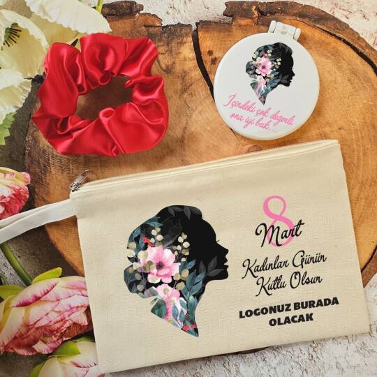 Plastik Aynalı Kadınlar Günü Hediye Seti Kadın Silüeti 8 Mart Hediyelik Ayna Toka Çanta - 1