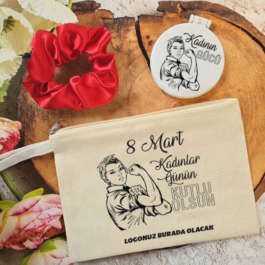 Plastik Aynalı Kadınlar Günü Hediye Seti Kadının Gücü 8 Mart Hediyelik Ayna Toka Çanta - 1