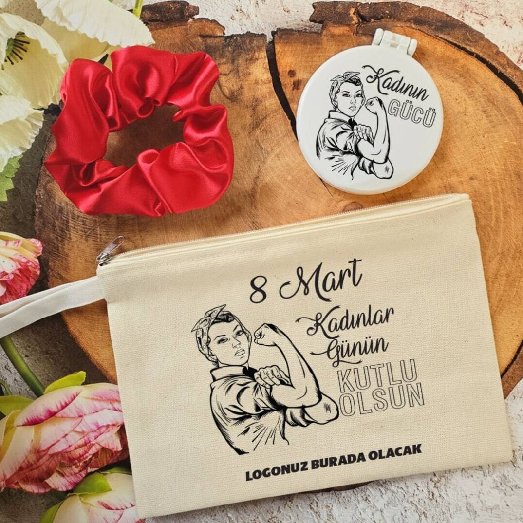 Plastik Aynalı Kadınlar Günü Hediye Seti Kadının Gücü 8 Mart Hediyelik Ayna Toka Çanta - 1