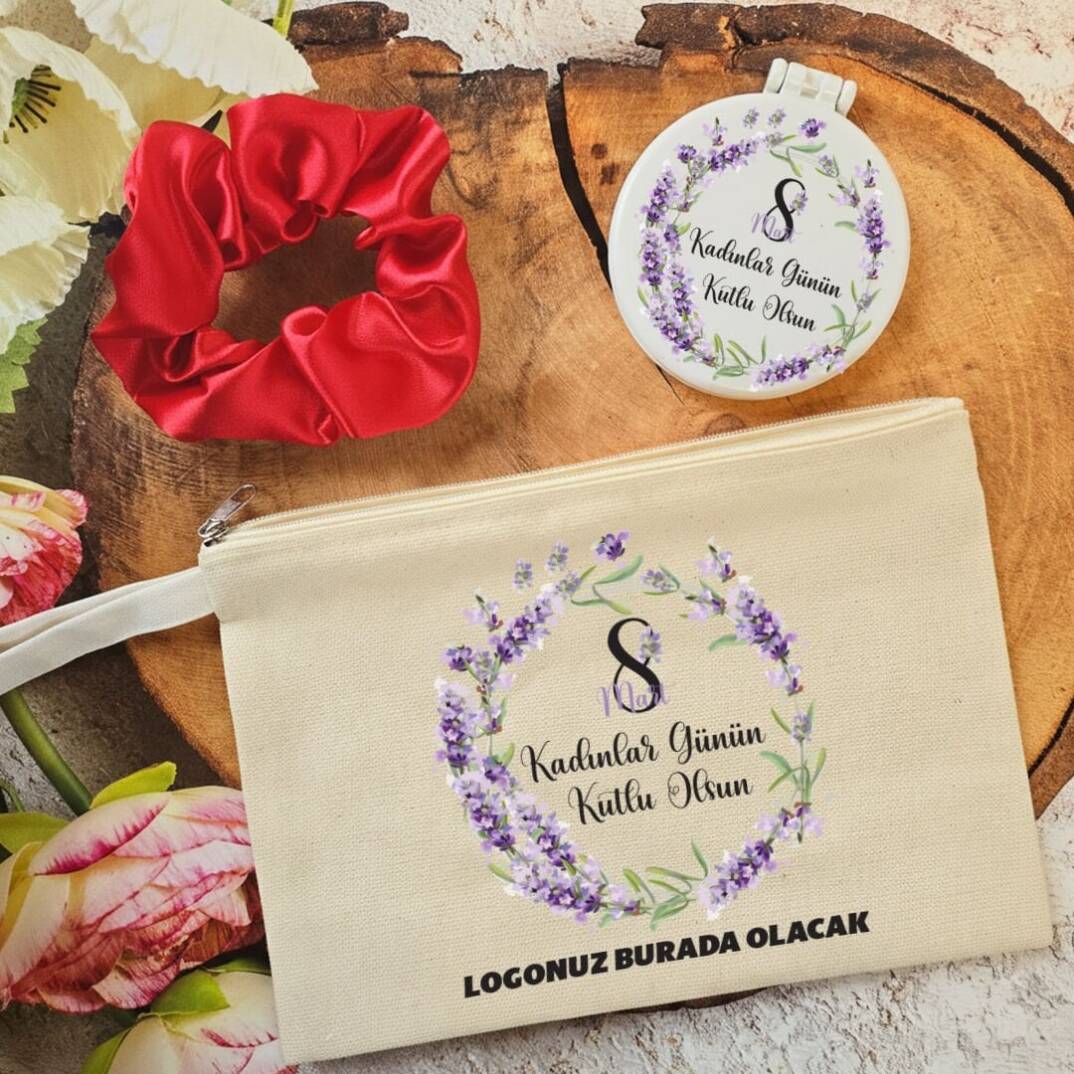 Plastik Aynalı Kadınlar Günü Hediye Seti Lavanta Çiçekleri 8 Mart Hediyelik Ayna Toka Çanta - 1